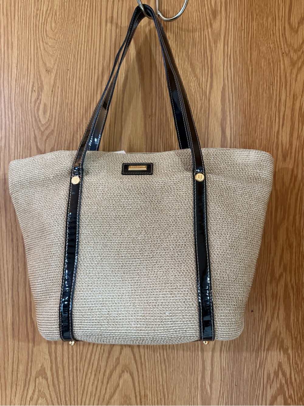 Eric Javits Beige Straw Tote with Black Patent Trim